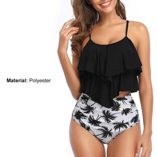 2 шт./компл. разделенное бикини с принтом кокосовой пальмы и оборками, состоящее из двух частей на тонких бретельках для купания