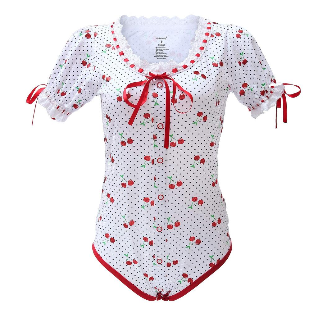 [LittleForBig] Adult Lolita Romper [Sparkling Cherry Print] Ribbon Bow Lace Cotton Pajamas, Size S
