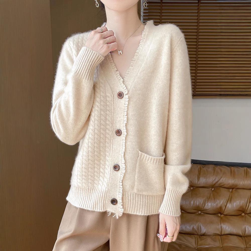 Женский кардиган из 100% шерсти с V-образным вырезом и бахромой - Мягкая вязка свободного кроя для весны и осени