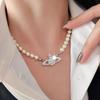 Women's Pink Diamond Saturn Pearl Necklace - Star Style Full Diamond Clavicle Chain, Ideal Versatile Christmas Gift