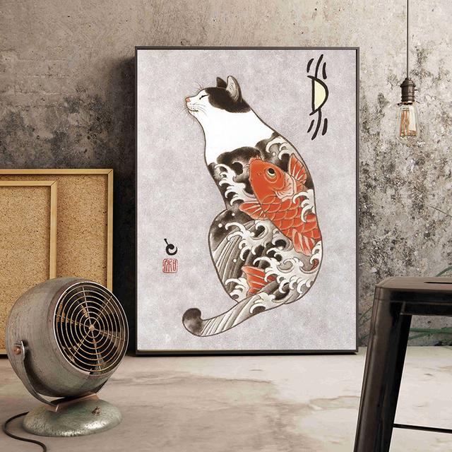 Solid Wood Frame Japanese Floating Samurai Cat Canvas Painting Retro Style Posters and Prints Wall Art Pictures for Living Room Wall Decor