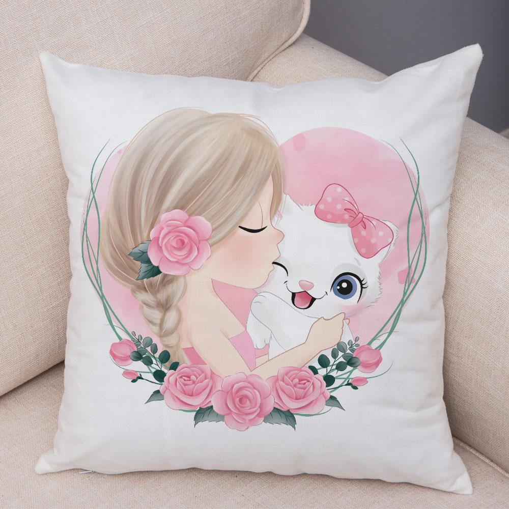 Lovely Girl and Cat Pillowcase Decor Cute Cartoon Child Cushion Cover Plush Pillow Case for Children Room Sofa Home Car xcm