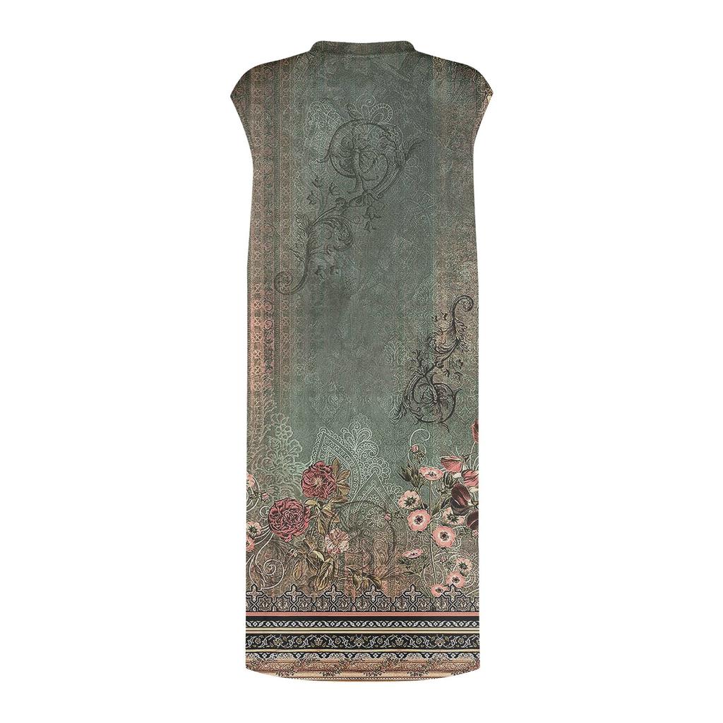 Женское повседневное и модное платье средней длины с круглым вырезом и без рукавов с принтом