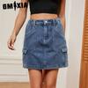 Женская джинсовая короткая юбка с эластичным поясом и карманом-карго, модная юбка