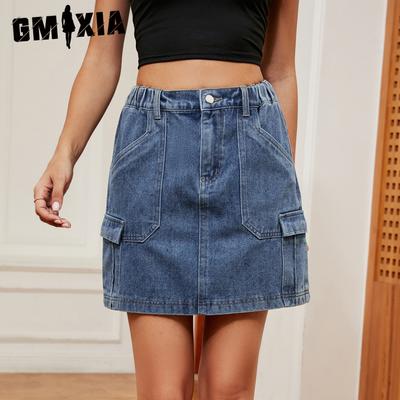 Женская джинсовая короткая юбка с эластичным поясом и карманом-карго, модная юбка