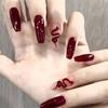 24 Pcs Fake Nails, National Style, Small Snake Wearing Nail Burgundy Removable Nail Piece, Simple Nail Piece, Nail Patch
