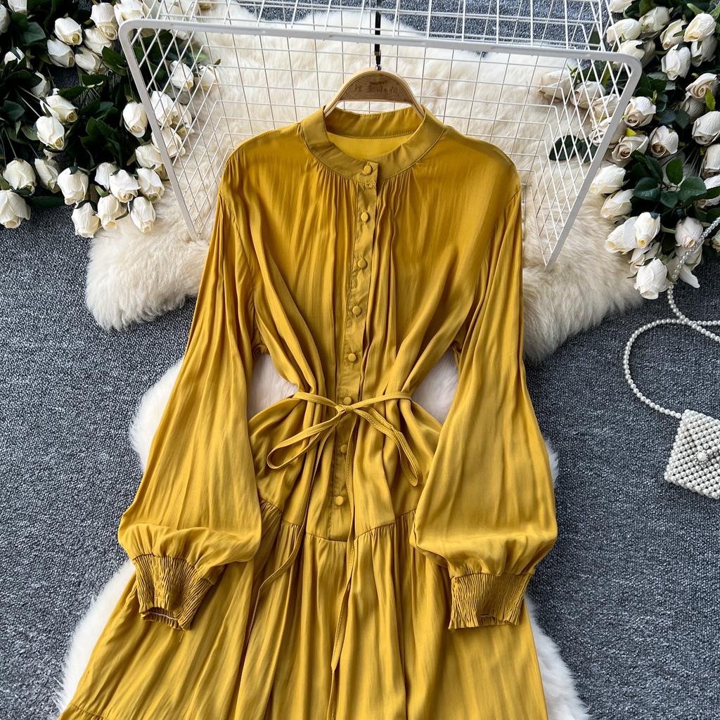 Французское винтажное макси-платье для женщин с воротником-стойкой и рукавами-фонариками на шнуровке, женские элегантные платья А-силуэта, весна-осень