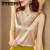 Women's Summer Solid Color Loose Silk Satin Tops Embroidery Lace Female Shirt Blouse Sleeveless V-neck Tops