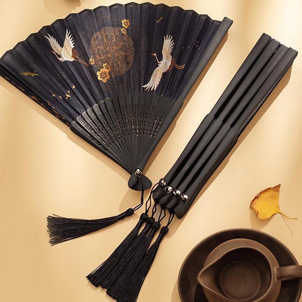 Классический китайский складной веер с изящным узором журавлей, веер ручной работы в старинном стиле для танцевальных представлений и свадебного декора