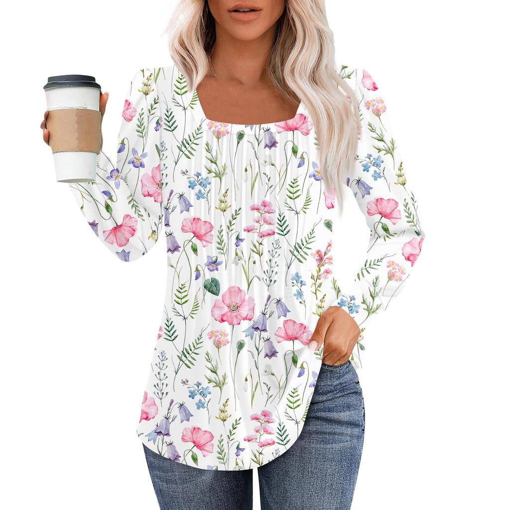 Long Sleeve Shirts For Women Tops Dressy Casual Blouses Pleated Square Scooped Neck Tunic Tops