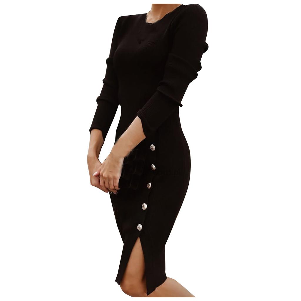 Women Fashion Casual Solid Color Button Decoration Sexy Slim Long Sleeve Knit Split Dress