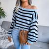 GMXIA Women's Fashion Casual Stripe Print Autumn Winter Long Sleeve One Shoulder Loose Off-the-shoulder Knit Sweater