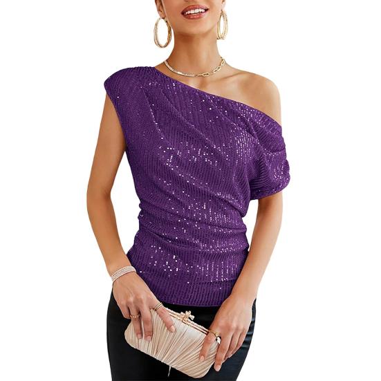 Women Tops Off-Shoulder Skew Collar Shiny Sequins Pullover Tops Soft Elastic Regular Fit Gown Tops Party Wear