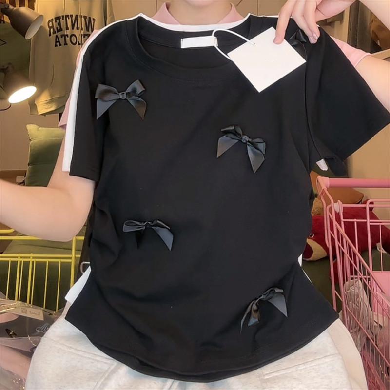 Tshirt With Butterfly Bow Pattern Polyester Short Sleeve Summer Casual Top For Women