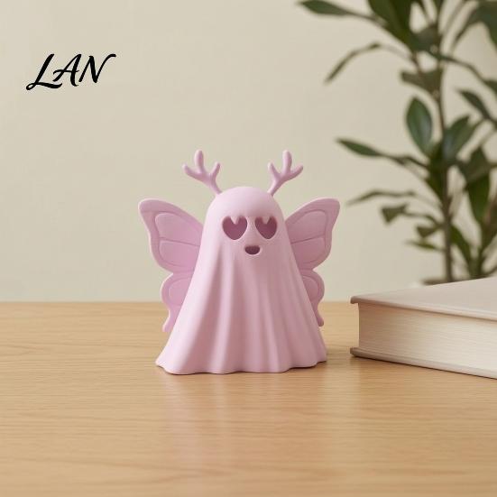Gift for Halloween Party 3D Printed Ghost Figurine, Cute Pink Butterfly with Holiday Desk Accessory Wings, Small Spooky Desktop Ornament Shelf,