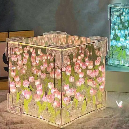 Лампа-куб в виде тюльпанов ручной работы, мягкое свечение, простая установка, романтический цветок тюльпана, ночник, украшение для рабочего стола