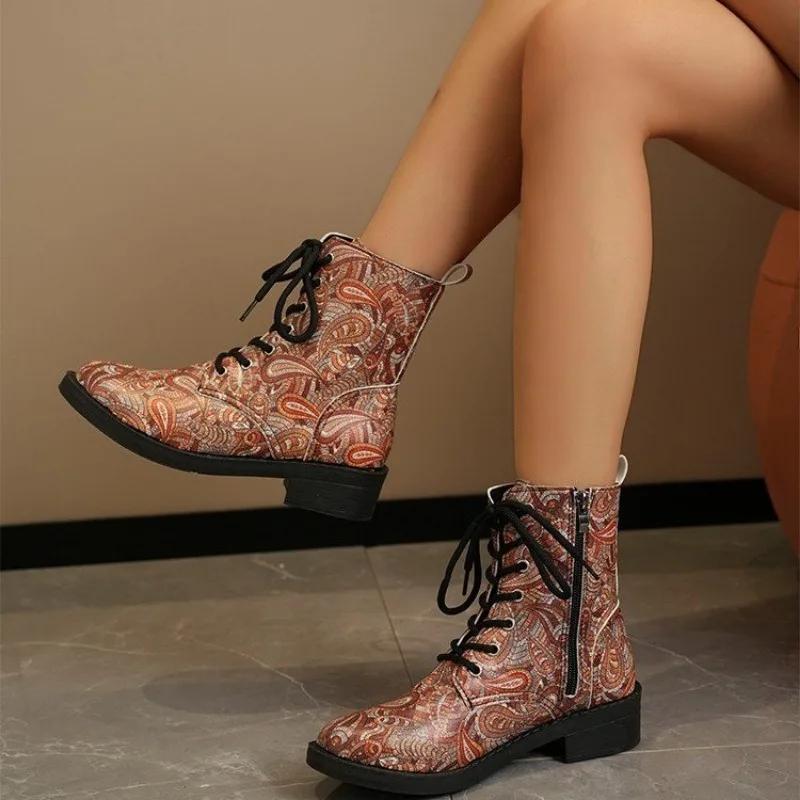 Обувь для женщин Модные ботильоны на шнуровке Женские ботинки Зимние новинки Низкий каблук Современные ботинки Женские туфли с граффити Дамы