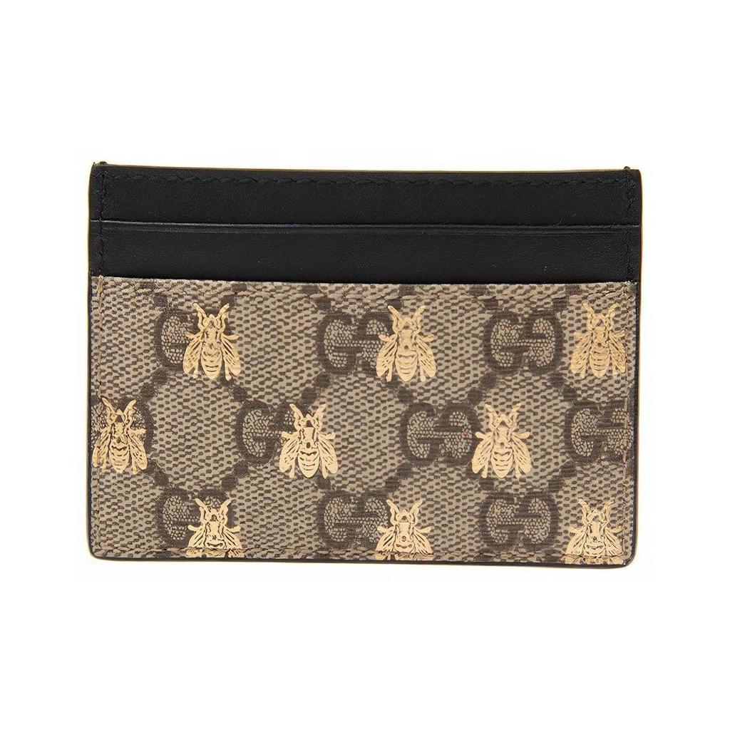 Gucci Кошелек-кардхолдер для женщин, сочетание холста и кожи, с принтом пчел и винтажным логотипом, цвет эбеновое дерево и черный