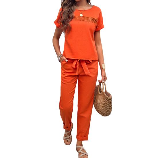 2 шт./компл., женский топ, брюки, костюм с круглым вырезом, короткими рукавами, карманами, шнуровкой на талии, сплошной цвет, повседневная свободная дышащая женская повседневная футболка, комплект брюк