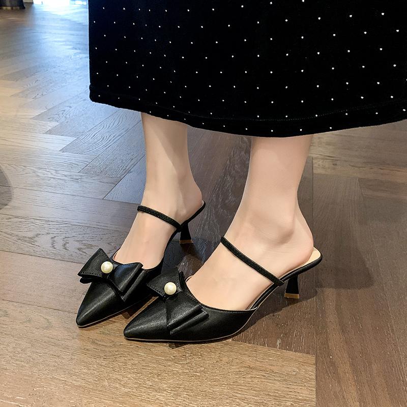 Модные жемчужные шлепанцы с бантом-бабочкой, летние новые туфли с острым носком и мелким вырезом на каблуке, устойчивом к скольжению и износу