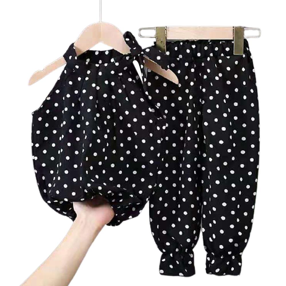 Детская одежда без рукавов, футболка в горошек для маленьких девочек, комплект со штанами, детский летний тонкий свободный топ, брючный костюм