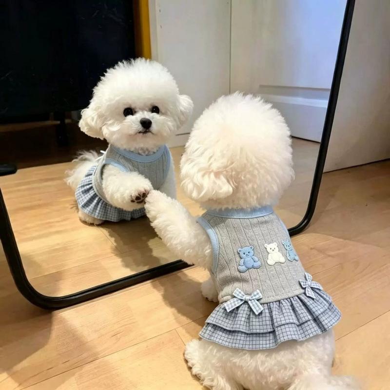 Spring and Autumn New Dog Clothes Cute Bear Bow Dress Breathable Small Dog Bigbear Teddy Vest Skirt