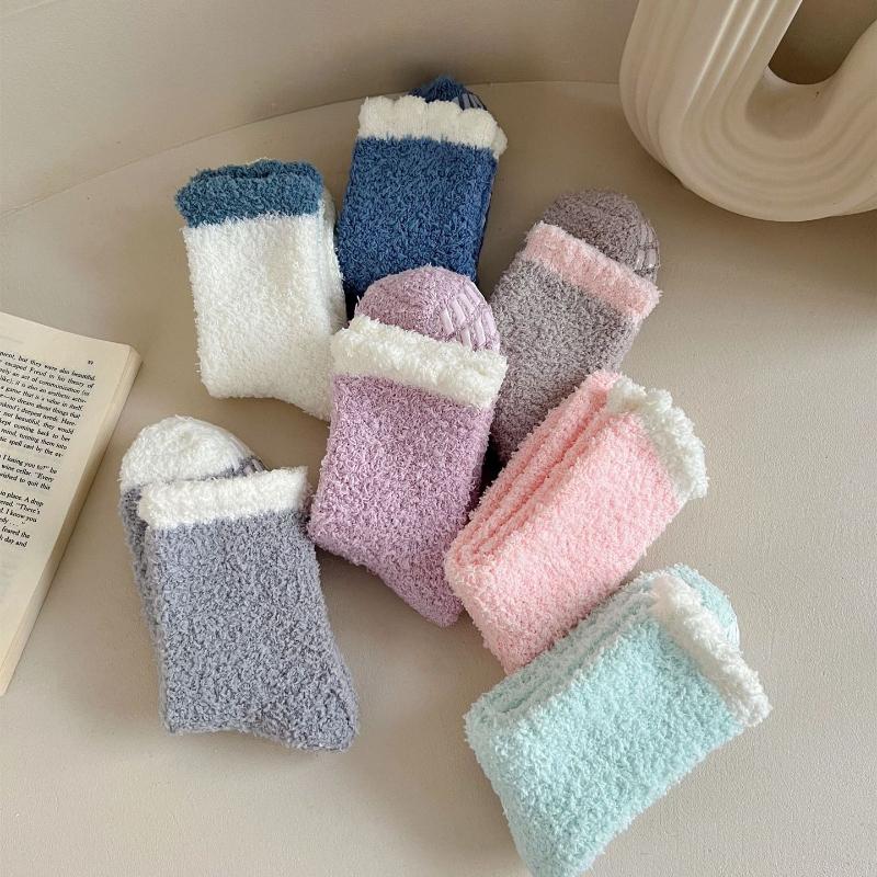 6 Pairs Women's Non-Slip Thermal Fleece Socks Winter Thick Floor Socks Solid Color Mix Soft Polyester One Size Color As Same As The Picture