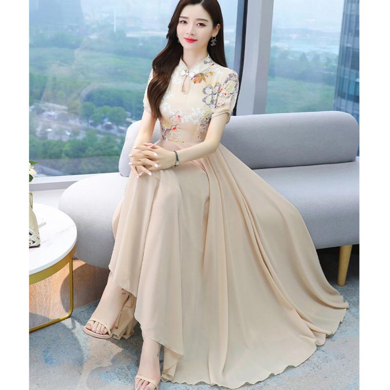 Женское шифоновое платье в китайском стиле с принтом и воротником-стойкой средней длины, ретро-юбка Cheongsam