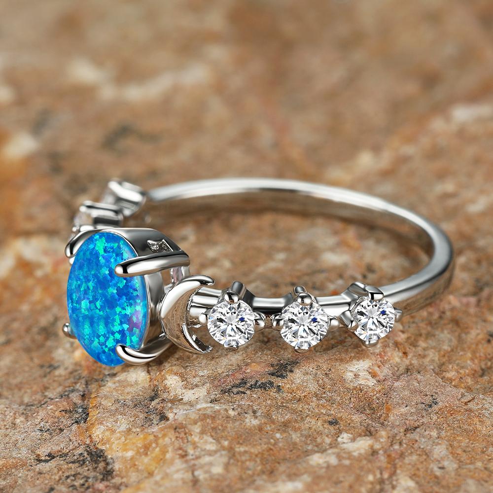 Женское ретро-кольцо с белым овальным опалом и маленькой луной, обручальное кольцо, ювелирное изделие, обручальное кольцо