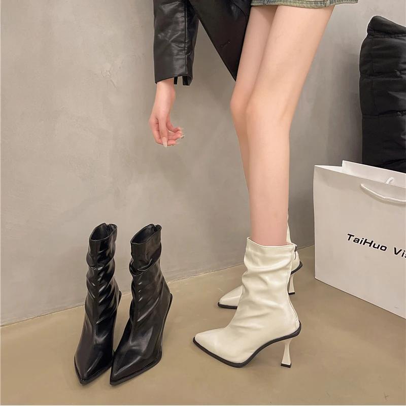 Ботильоны на высоком каблуке женские осень-зима новые остроносые коричневые ботинки на молнии кожаные модные сексуальные роскошные брендовые плиссированные дизайнерские ботинки