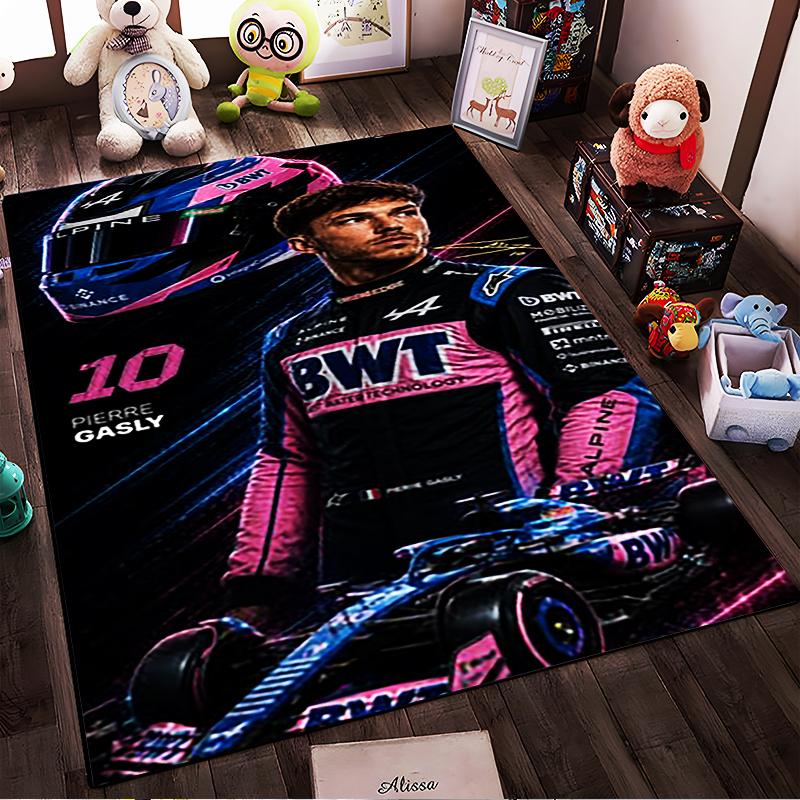 Racing Driver with Helmet and Car Design. Non-slip rug suitable for living room and bedroom sofas.