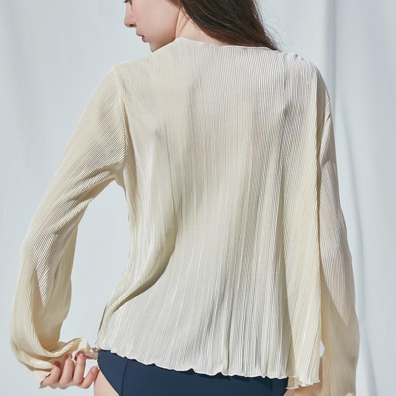 2024 Женские плиссированные простые рубашки весна-осень шикарные длинные расклешенные рукава V-образный вырез завязывающиеся кардиганы топы для повседневной вечеринки улицы