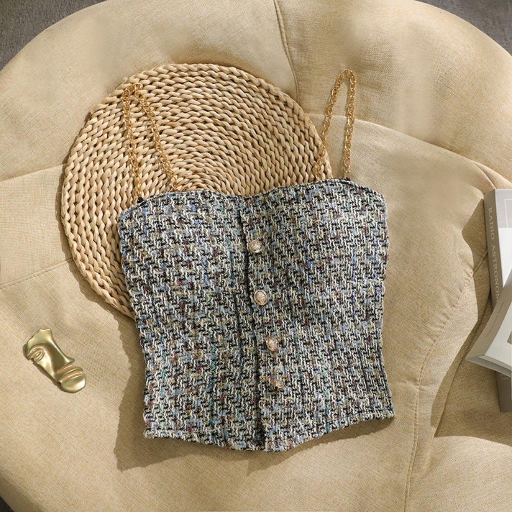 Plaid Tank Top Solid Metal Chain Halter Crop Tops Women Summer Camis Backless Camisole Fashion Casual Tube Female Sleeveless Cropped Vest Y2K