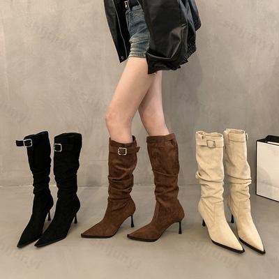 Сапоги до колена из искусственной замши с плиссе, женские модные ковбойские сапоги с пряжкой, заостренные, с застежкой-молнией, женские, на тонком каблуке, длинные, Botas Mujer