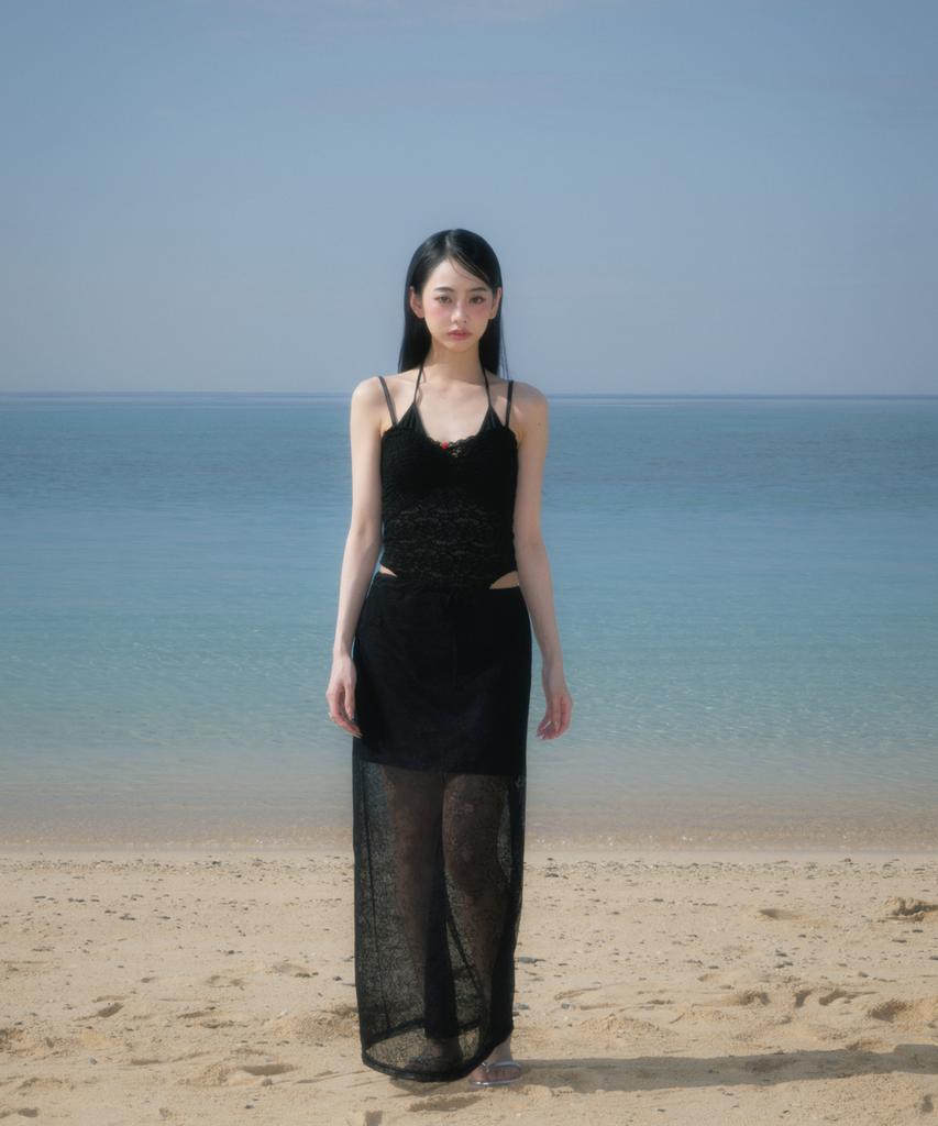 Rose Franz Lace Lowrise Long Skirt [Black]