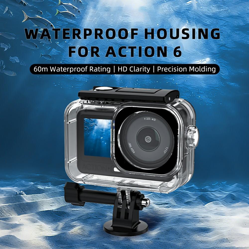 For DJI Osmo Action 6 60m Depth Camera Waterproof Case Transparent PC + Tempered Glass Anti Fog Underwater Housing