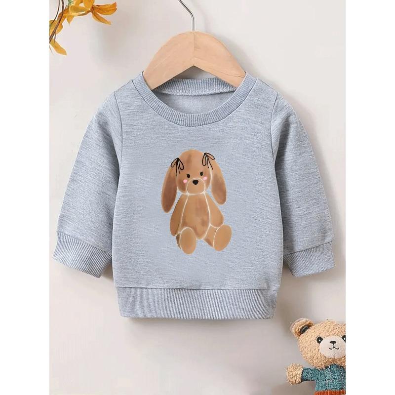 Cute Brown Puppy Print Pattern 0-3 Years Girls' Comfortable Spring Lightweight Crew Neck Sweatshirt Suitable for