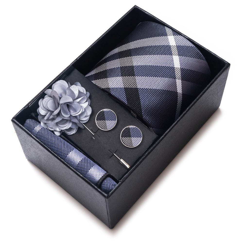 Men's Blue-Gold Stripe Tie Set: Includes Pocket Square, Cufflinks & Lapel Pin in Gift Box - Perfect for Gifts