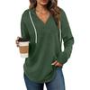 2026 Womens Solid Color V-Neck Long Sleeve Drawstring Hoodie Loose Fit Pullover Casual Top