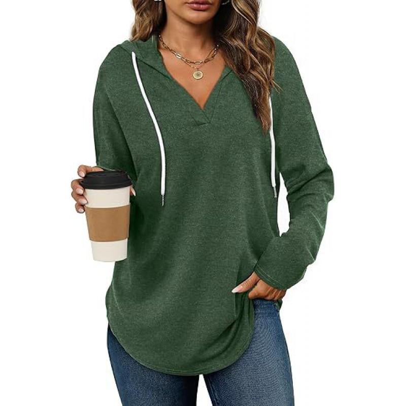 2026 Womens Solid Color V-Neck Long Sleeve Drawstring Hoodie Loose Fit Pullover Casual Top