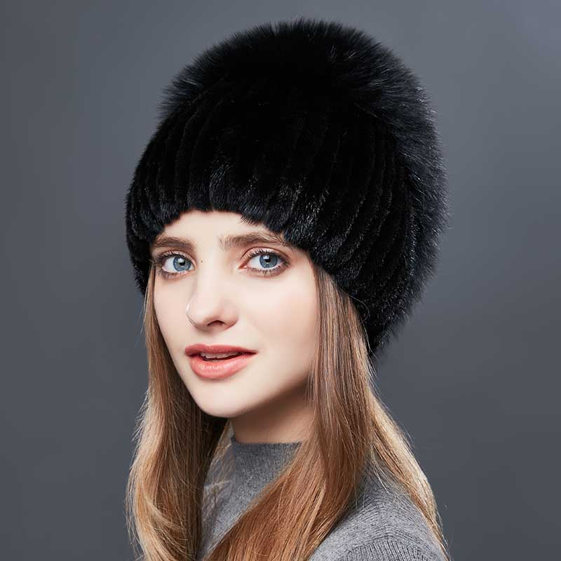 Winter Mink Hats for Women Real Fox Fur Russian Style Fur Caps Fashion Rhinestone Warm Outdoor Sports Beanie