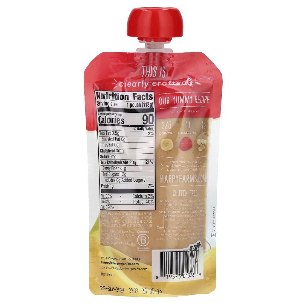 Happy Family Organics Baby Food, 6 Months+, Banana, Raspberry, Oats, 4 Oz (113 G)