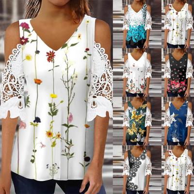 Женский кружевной топ, повседневная футболка с v-образным вырезом и принтом, свободная футболка с короткими рукавами и кружевными вставками.