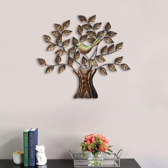 Bird Sitting On Tree Wrought Iron Metal Handmade Colorful Design Wall Hanging 76cm