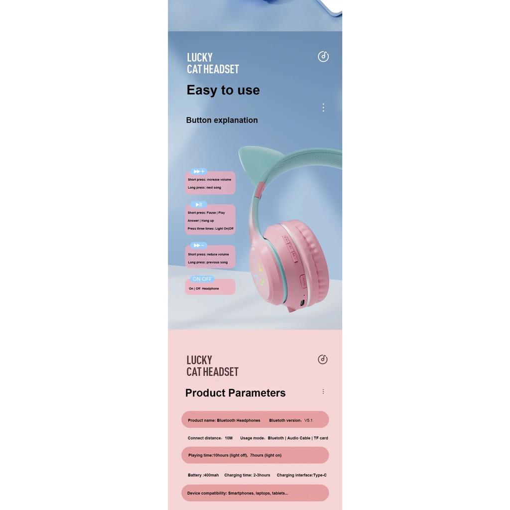 Светодиодная вспышка Bluetooth-наушники, милые кошачьи ушки, беспроводные наушники с микрофоном, для детей и девочек, стерео, крутые RGB-гарнитуры Bluetooth 5.1