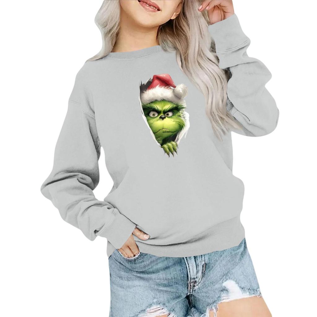 Kids' Fashion Loose-Fit Casual Long-Sleeve Christmas Print Oversized Crewneck Sweatshirt