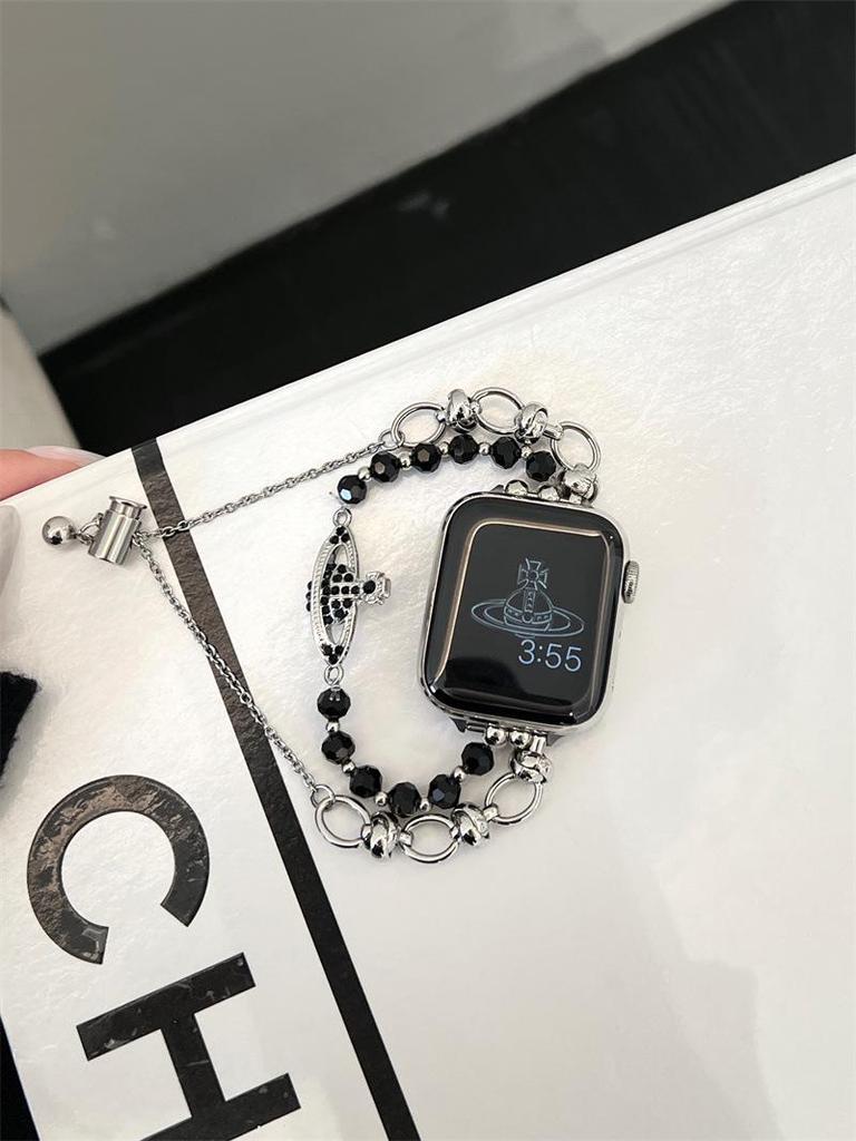 Элегантный металлический браслет королевы-матери для Apple Watch 10, 9, SE, 8, 7 — с цепочкой из 654 бусин.