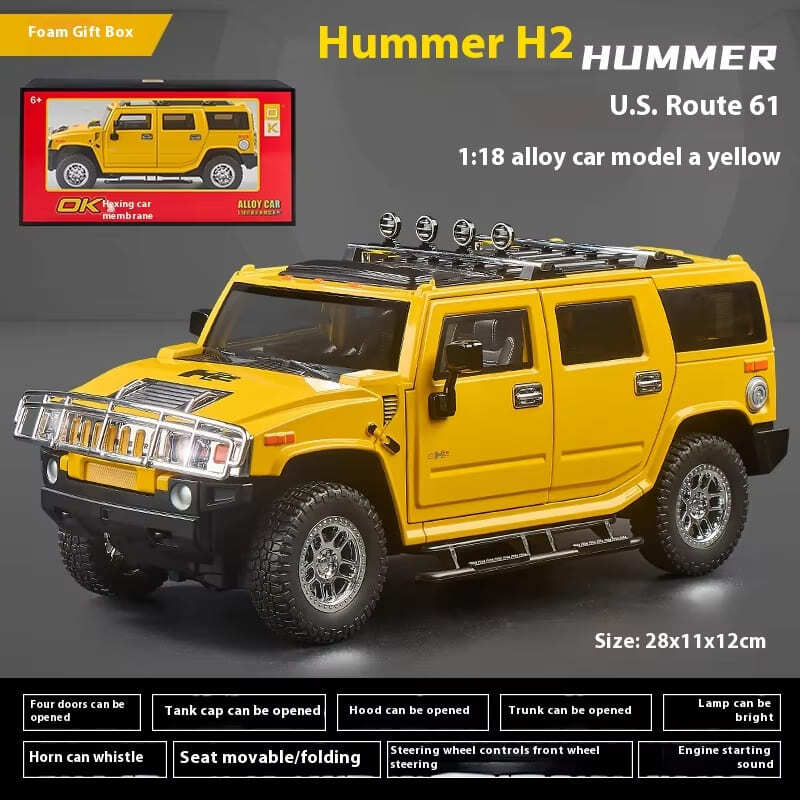 Моделирование 1:18 Hummer H2 Alloy Offroad Vehicle Литая металлическая модель для дома Украшения для дома Звук и свет Инерционный детский игрушечный автомобиль Подарок на день рождения мальчика