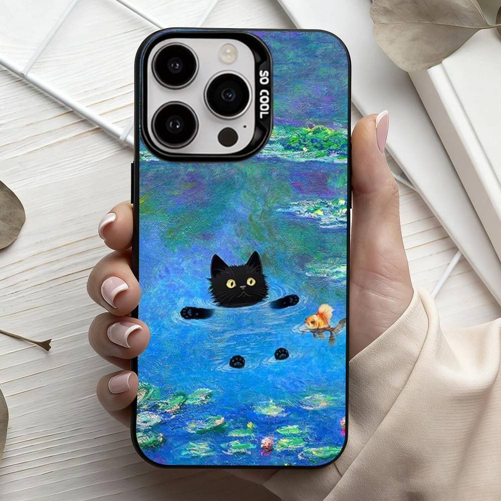 M-Матисс Моне Черная кошка Забавное искусство Чехол для телефона для iPhone17,16,15,14,13,12,11 Plus,Pro Max Черный Конфетный серебристый чехол для телефона