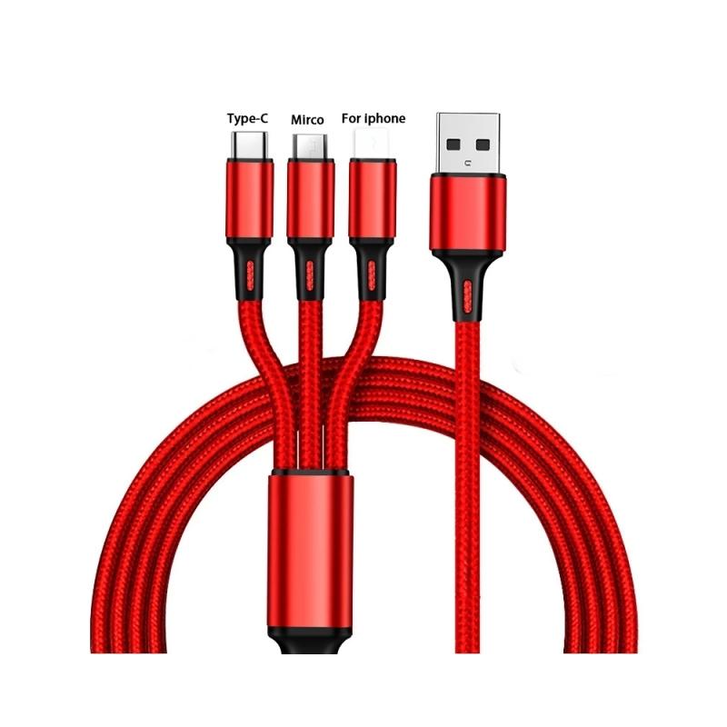 Weaving One To Three Data Cables Usb Port Multiple 3In1 Micro USB Type C Charger Cable For Ios/Android/Type-C USB Charging Cable